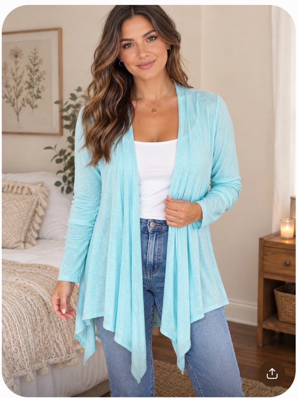 Calypso St. Barth Linen Aqua Open-Front Draped Cardigan Lightweight Luxury
